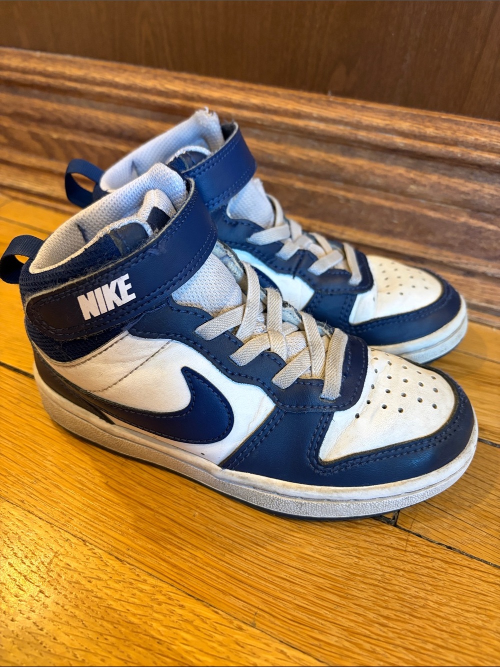 Nike Kids High-Top Sneakers in White & Navy Blue